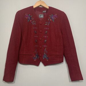 Vtg Petite Size 8 Embroidered Floral Maroon Wool Jacket Cropped Regency Cottage